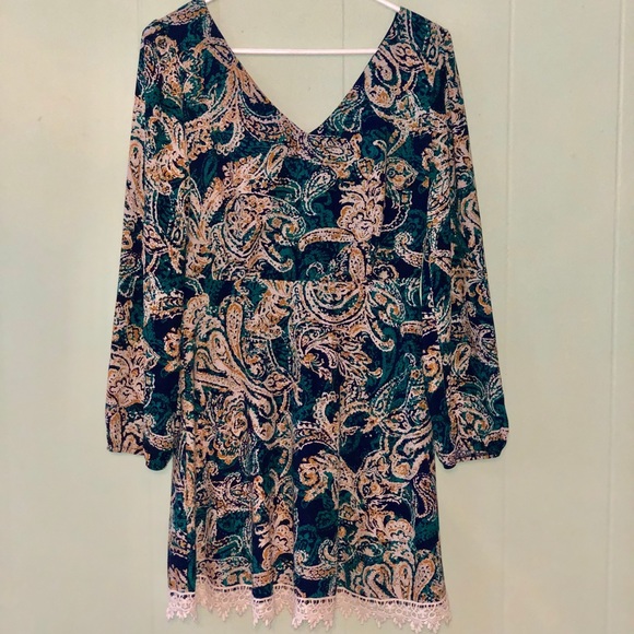 Paisley Long Sleeve Dress with Lace Trim - Picture 1 of 2